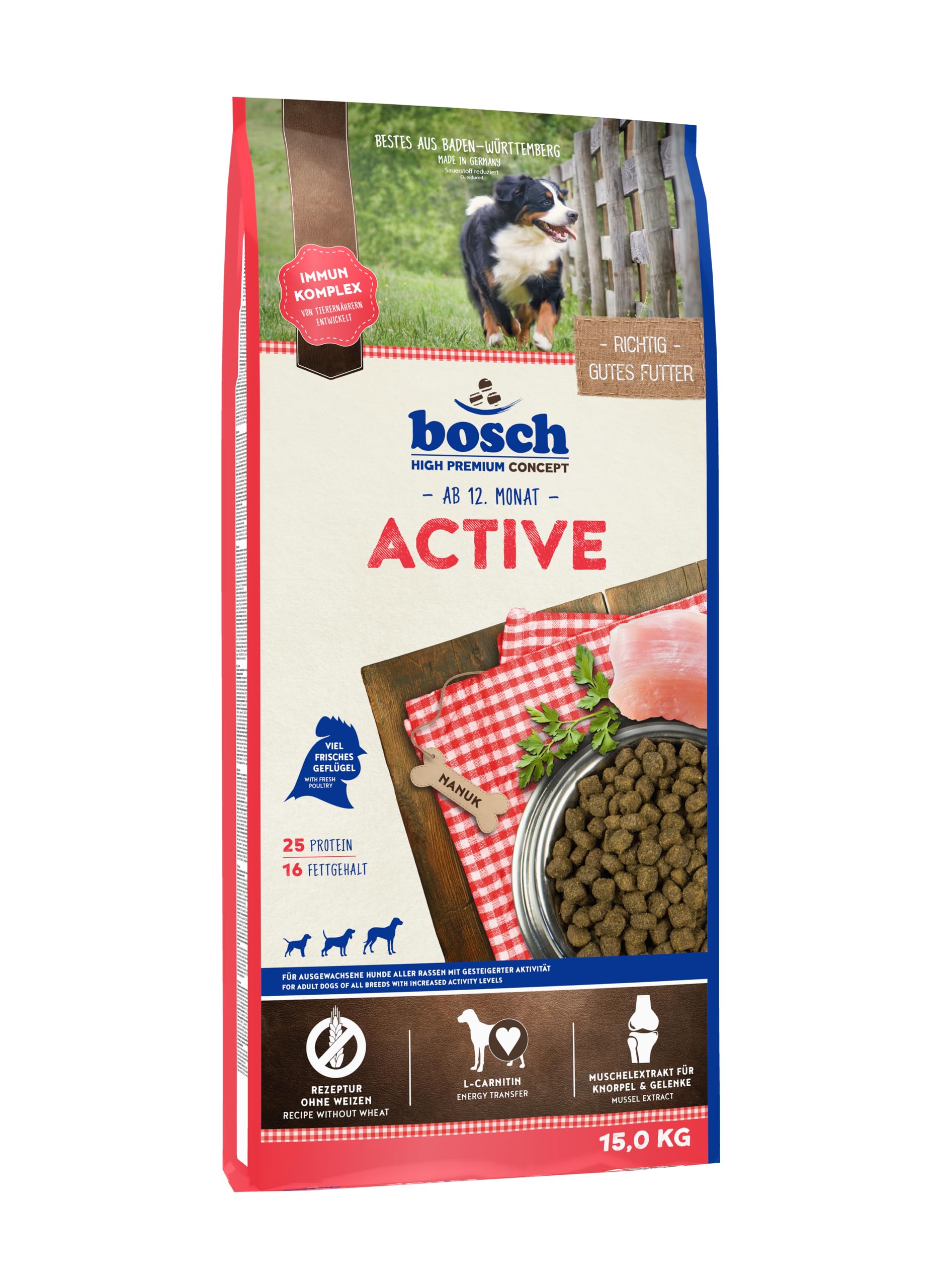 Bosch HPC Active | Dry dog food for adult dogs of all breeds with increased activity | 1 x 15 kg, poultry