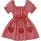 WDIRARA Toddler Girl's Gingham Strawberry Patched Midi Dresses Puff Sleeve Square Neck Belted A Line Dress