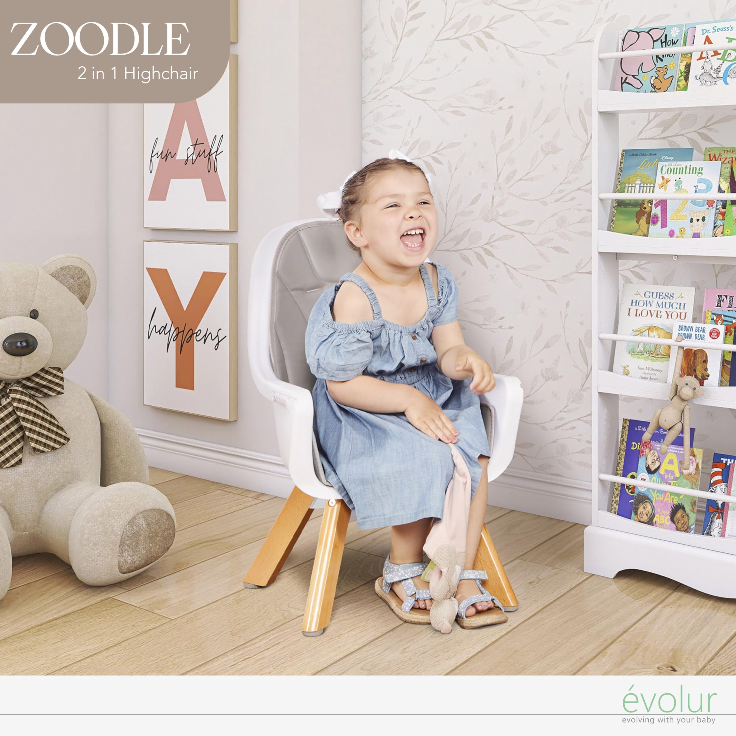 Evolur Zoodle 2 in 1 Convertible Baby High Chair in Light Gray