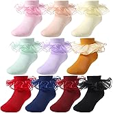 JaGely 10 Pairs Toddler Girl Socks with Big Ruffle Frilly Double Lace Cotton Turn Cuff Dress Pageant Socks for Kids 6-8 years