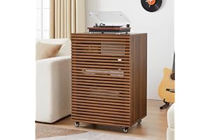 LEVNARY 5-Tier AV Media Cabinet with Grille Door & Adjustable Shelves, Modern Wooden Stereo Rack with Cable Management & Wheels, Audio Video Stand for Living Gaming Room Recording Studio (Walnut)