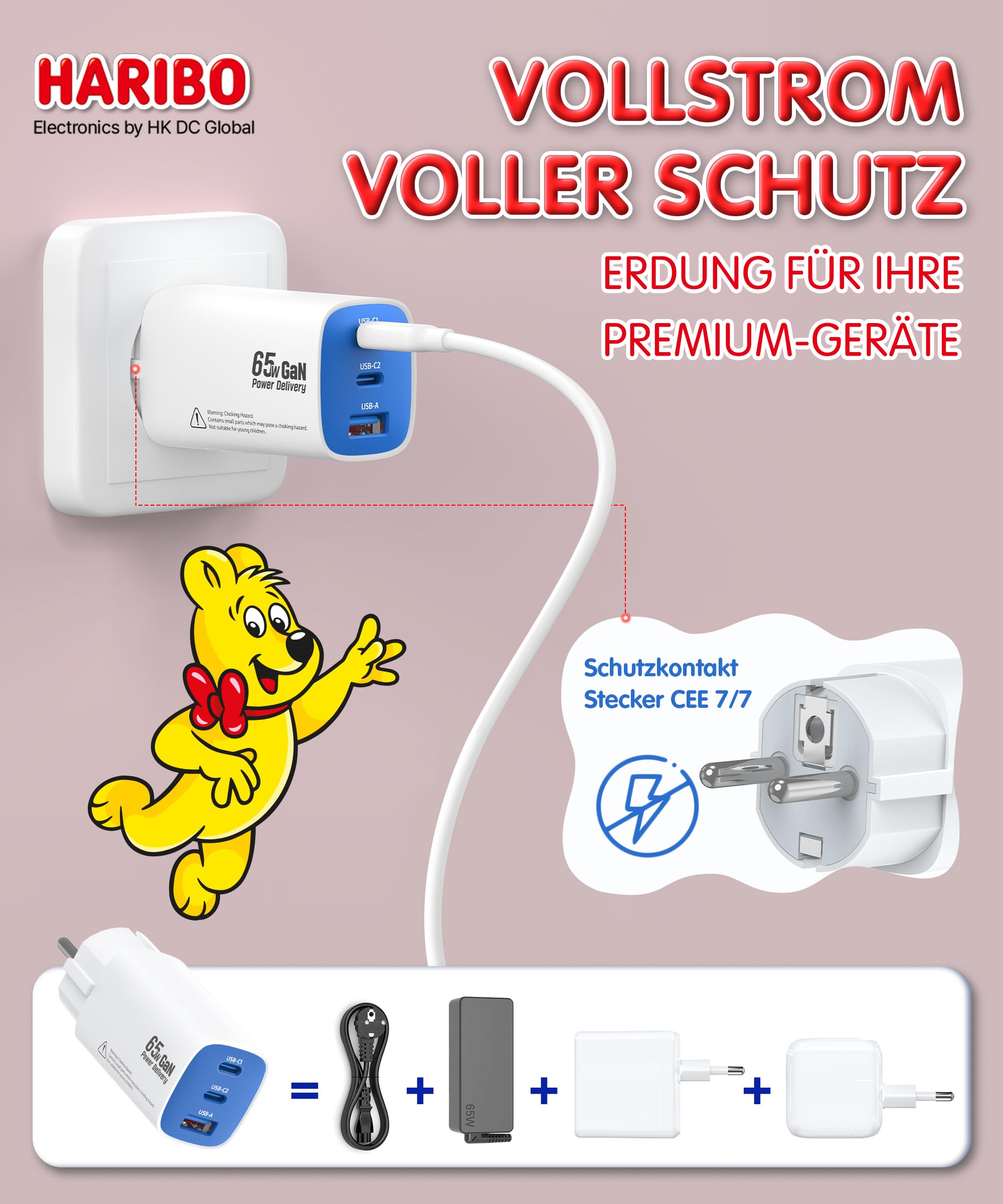 HARIBO USB C Ladegerät 65W 3-Port USB-C Netzteil Schnellladegerät PD PPS kompatibel mit MacBook, für iPhone 17/16/15, iPad, Galaxy S25/S24, Pixel, Steam, Sicherheit Stecker mit Erdung, Geschenk, Blau 4