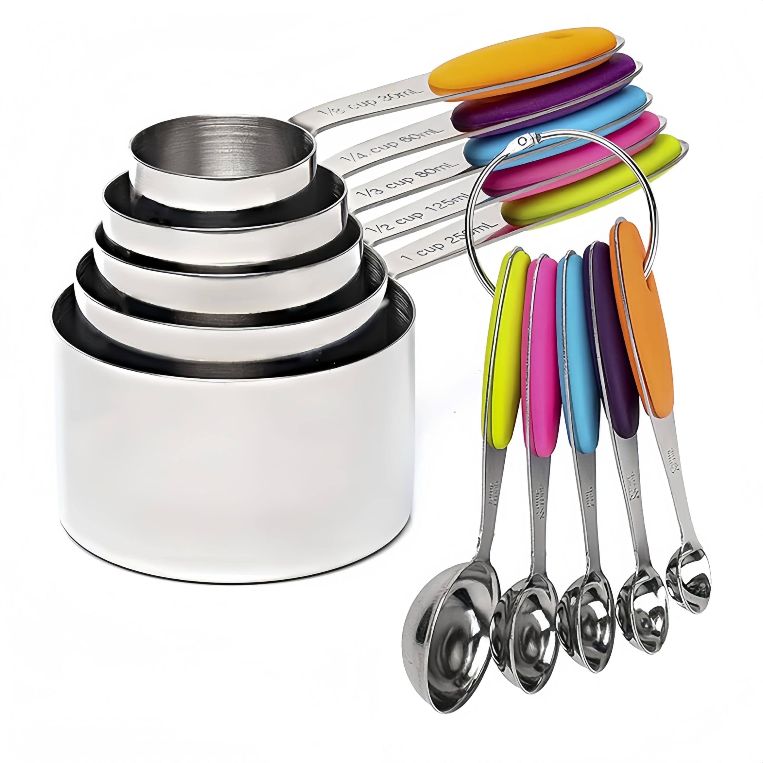 10 Pcs Measuring Cups and Spoons Set, Includes 5 Stainless Steel Nesting Measuring Cups & 5 Mini Measuring Spoons,Stackable Handle Accurate Tablespoon for Measuring Dry and Liquid Ingredients