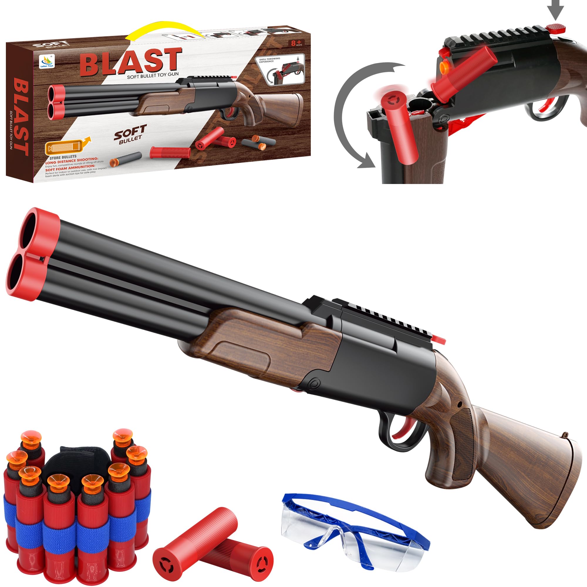 Double Barrel Toy Foam Blaster, 80 Soft Bullets and 12 Ejecting Shells, Toy Gun Foam Blaster for Kids Ages 8-12, Birthdays for Kids