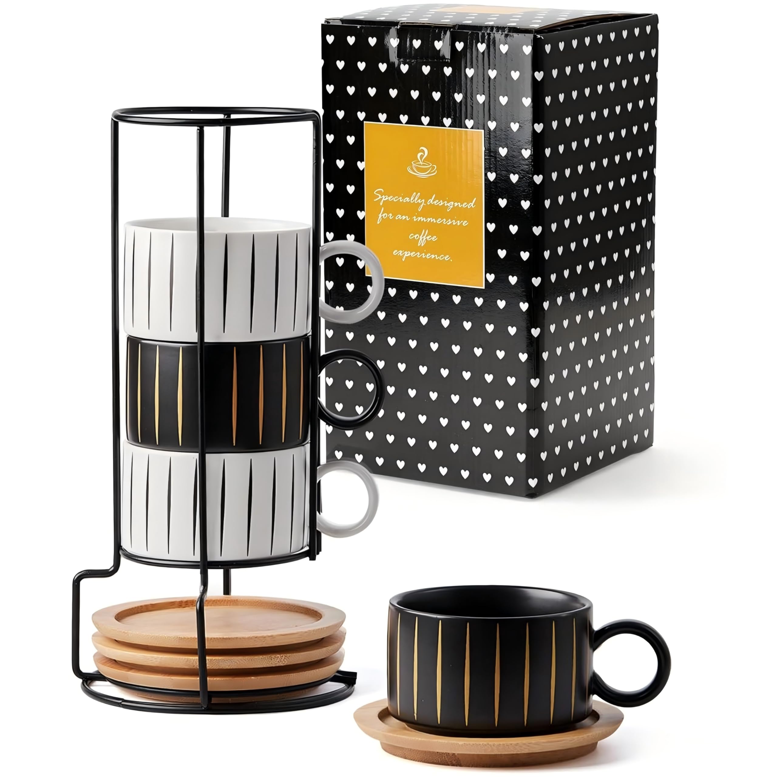HOME DECOR Stackable Ceramic Coffee Cup -160ml Espresso Cups Set of 4 with Wood Saucers and Metal Stand for Double Espresso, Cappuccino and Latte Macchiato - Striped Collection