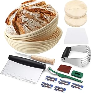 9 Inch and 10 Inch Bread Banneton Proofing Basket with Cloth Liner, Dough Bowl Scraper, Curved Knife and Dough Scoring Knife, Dough Blender and Cutter, 9 Pieces Baking Bowl Dough Tools