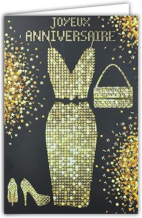 Carte Joyeux Anniversaire Femme Fille Maman Mere Noir Et Or Strass Scintillante Brillant Chic Doree Robe Sac A Main Chaussures A Talon Haut Feter Souhaiter Tendance A La Mode Disco Annees 70s