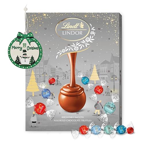 Assorted Lindt Chocolates Advent Calendar 2025 - Luxury Silver 24 Days Christmas Countdown Advent Calendar 233g Chocolates Gift Box with Topline Tree Decoration. Christmas Gifts for Women