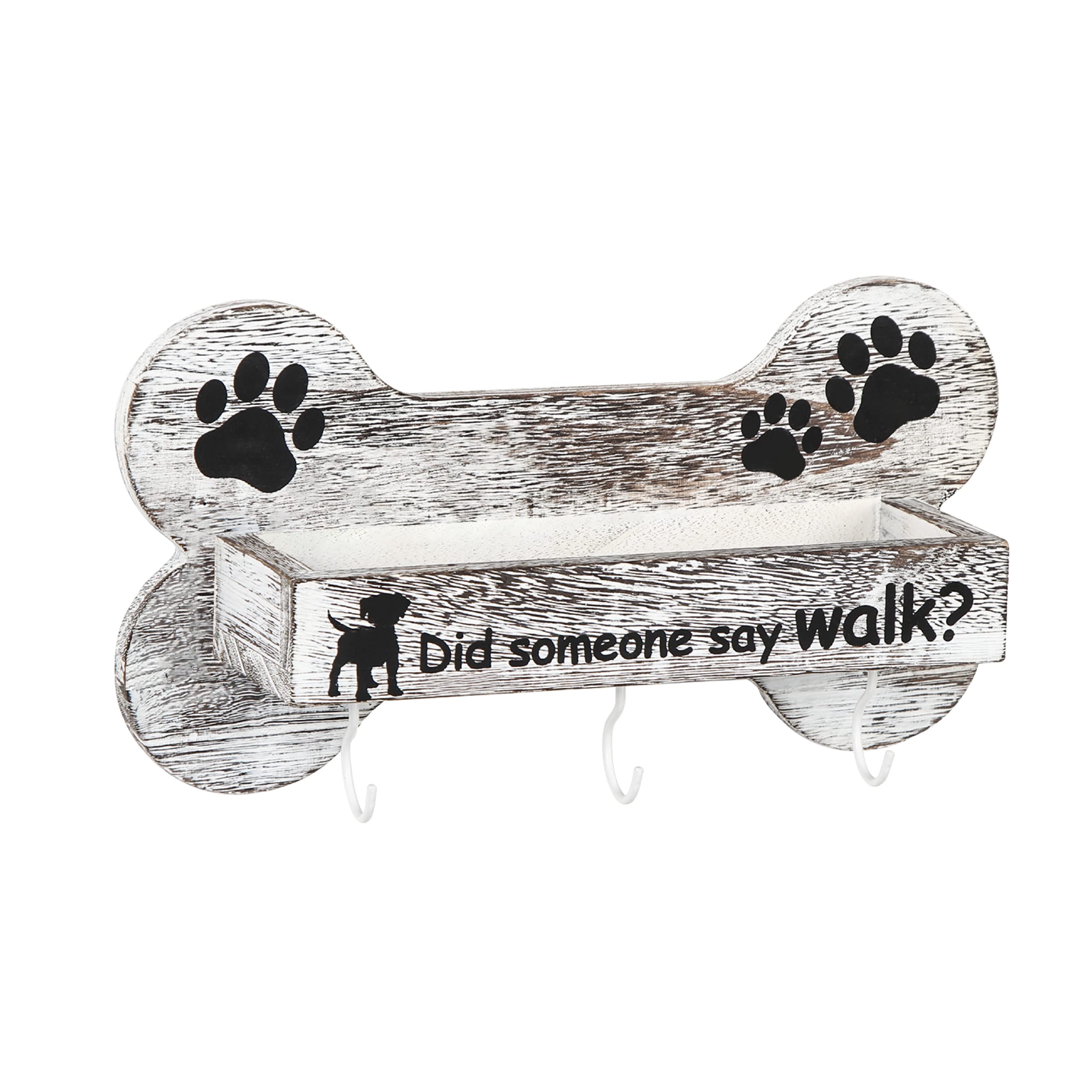 J JACKCUBE DESIGN Rustic White Bone Shape Wall Mounted Dog Leash Holder with 3 Key Holder Hooks and Extra Storage Compartment Box Shelf for Pet Treats, Accessories and more - MK679A
