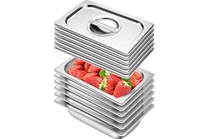 CHIEFINCH Hotel Pan with Lids 6 Pack 1/4 Size 2.5" Deep Stainless Steel Steam Table Pan, Commercial Food Pans for Catering Buffet Chafing Dish Pans Metal Steam Tray (1/4 Size x 2.5 Inch Deep, 6 Pack)