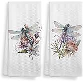 NOQL Watercolor Dragonfly Kitchen Towels and Dishcloths Set of 2, Insect Decorative Kitchen Towels, Floral Hand Towels, Wildflower Drying Cloth Hand Towels for Bathroom Kitchen, 16×24 Inches