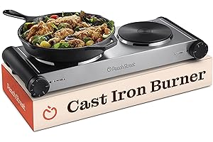 PEACH STREET Electric Double Stovetop Hot Plate for Cooking 1800W 7.3/4" Glass Cast Iron Portable Stove Burners Cool Touch Handle Cooktop Keeps Food Warm Temperature Controls Electric Burner for Kitchen, Dorm