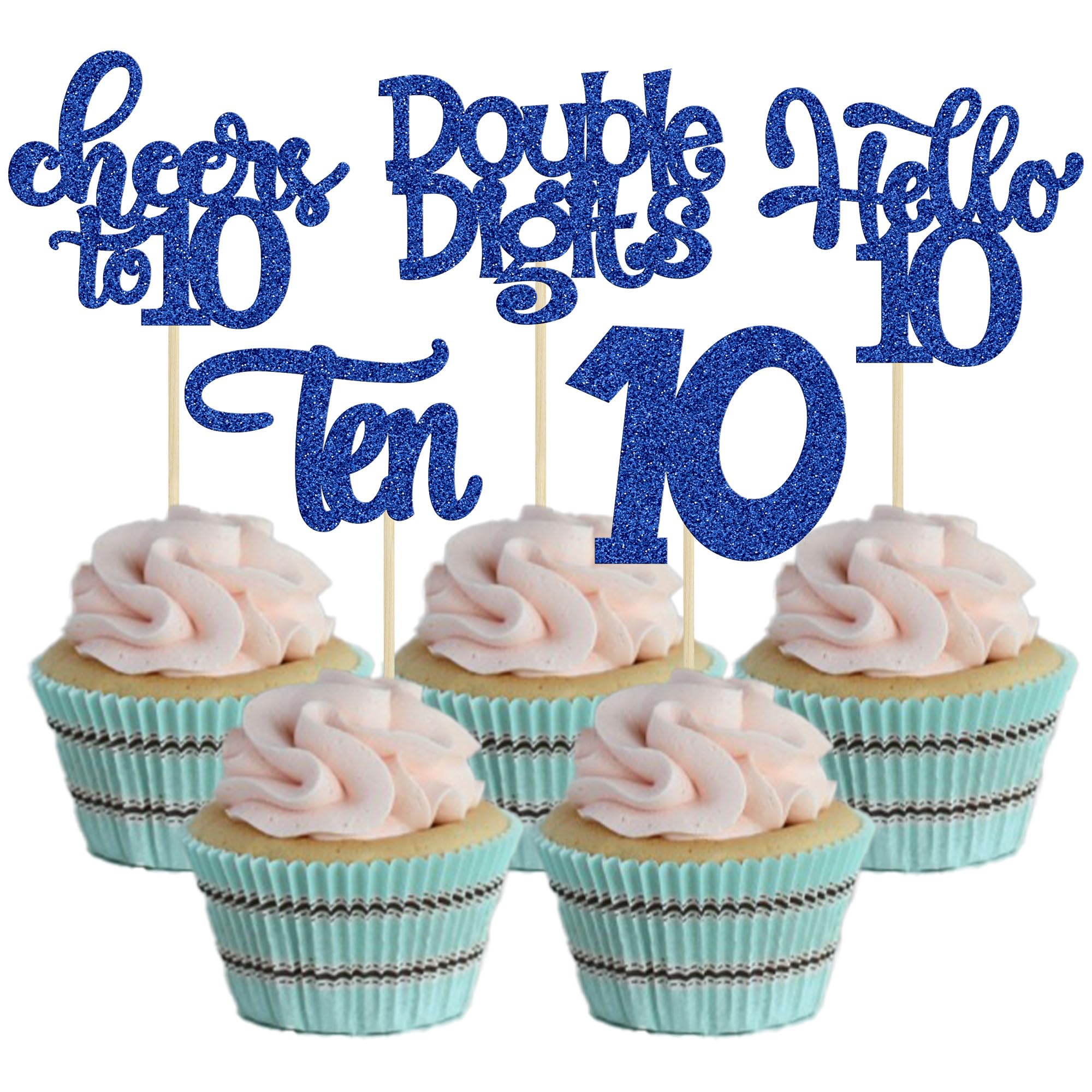 Photo 1 of 30Pcs 10th Birthday Cupcake Toppers Ten Double Hello 10 Cupcake Picks Cheers to 10 Years Old Cake Decorations for 10th Birthday Party Supplies Deep Blue Glitter