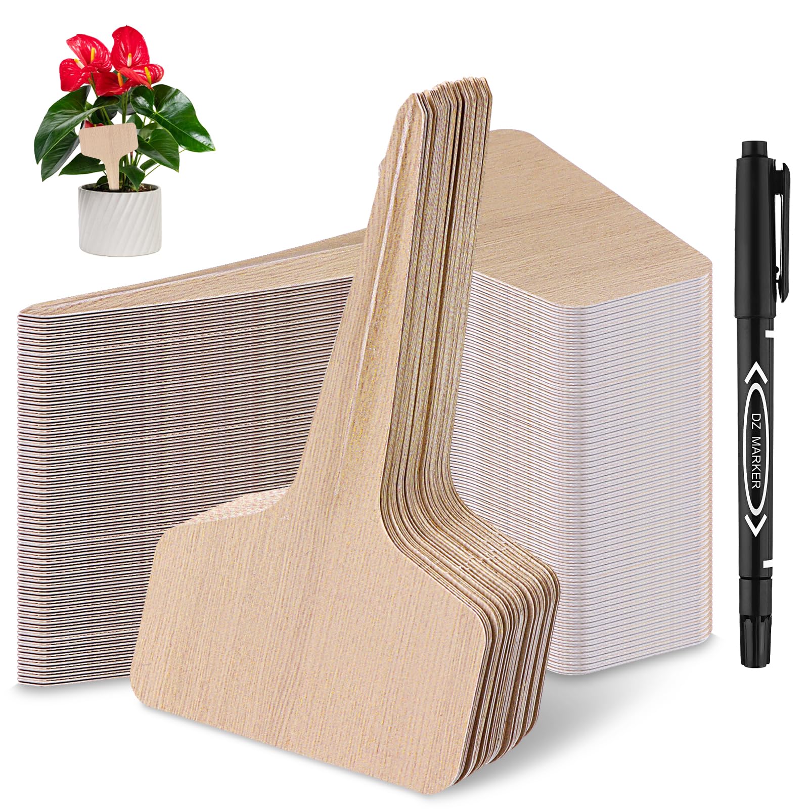 120 PCS Plant Labels with Markers Pen Waterproof Garden Plants T-Type Tag for Herb Potted Plant Seedling Vegetables Flower, Wooden Textured Plastic Plant Labels, 2.4x4inch