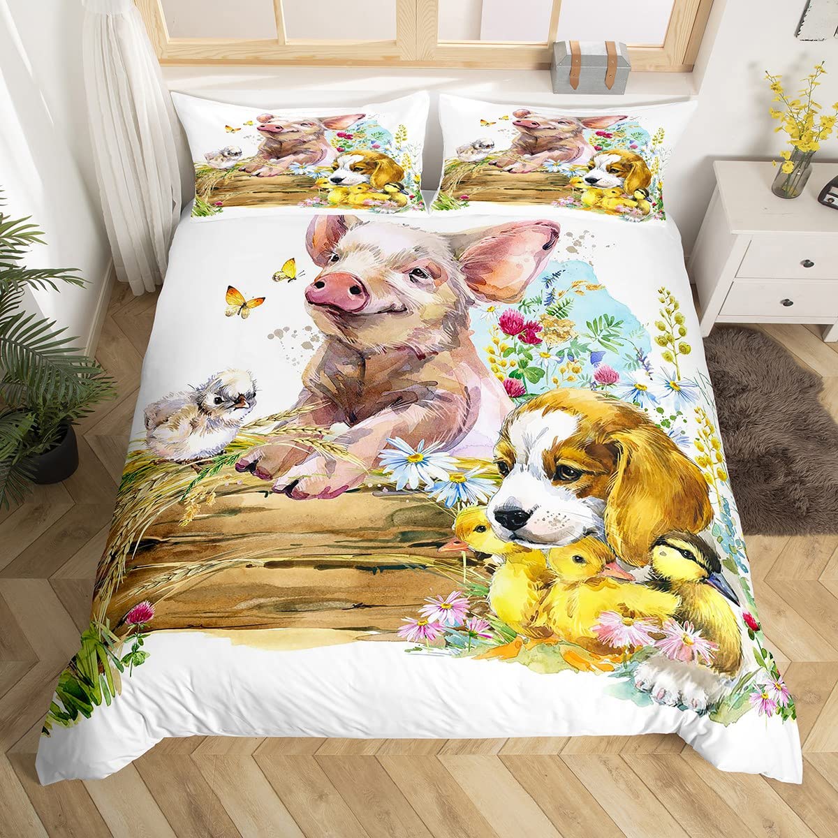 Pig Dog Comforter Cover Painting Pig Bedding Set 3D Animals Duvet Cover for Children Kids Boys Girls Microfiber Floral Botanical Bedspread Cover Single Size