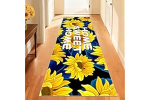 Vintage Floral Runner Rug, 2x6ft Rustic Yellow Sunflower Blue Leaves Long Hallway Carpet, Non-Slip Washable Country Farmhouse