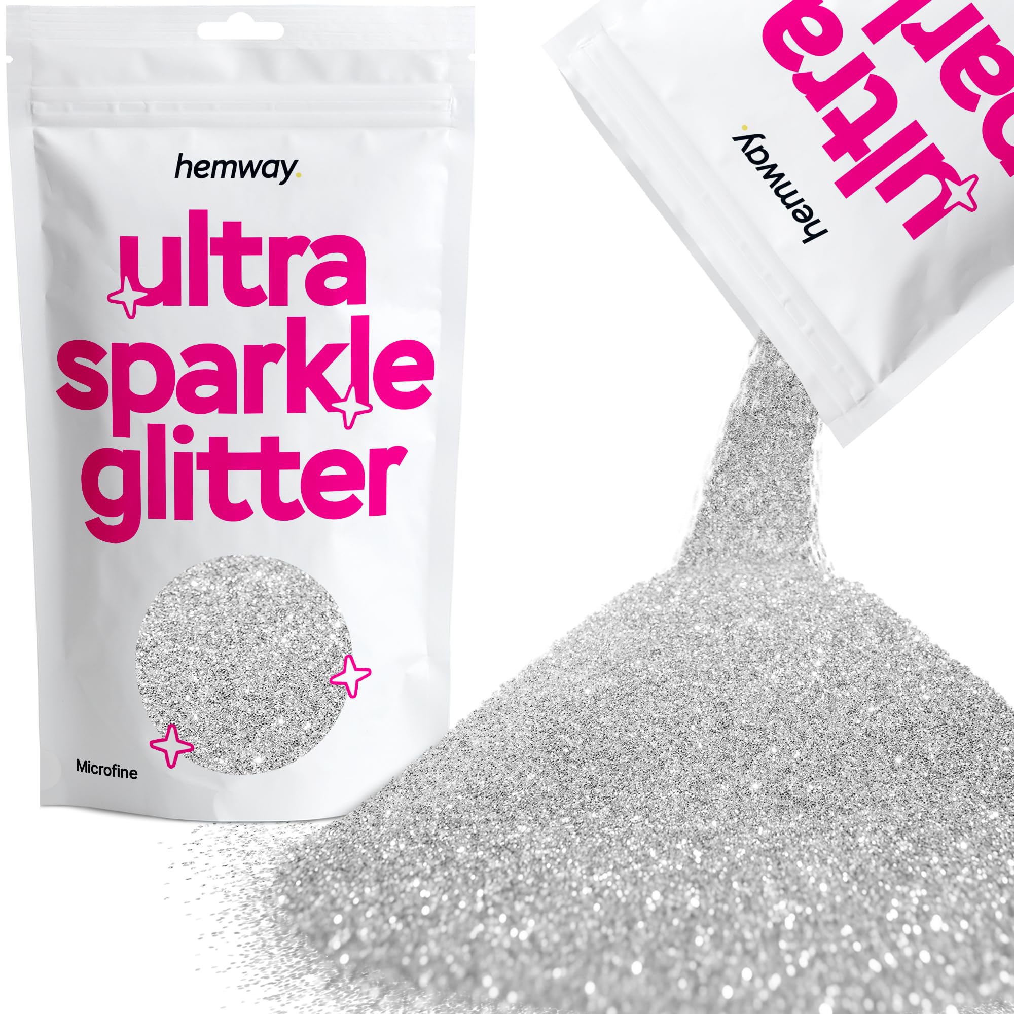 Hemway Ultra Sparkle Glitter Silver 100g Microfine | Glitter for Arts & Craft, Makeup, Nail Art, Crafting, Card Making, Sparkle Decoration