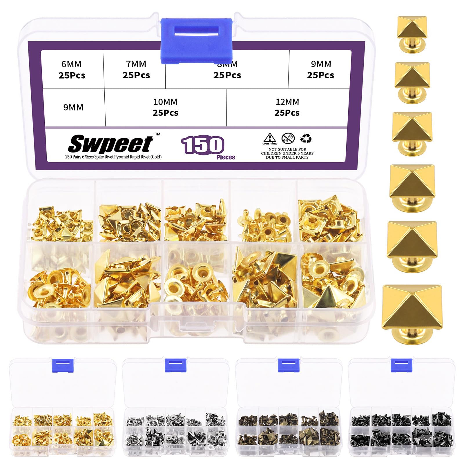 Swpeet 150Pcs 6 Sizes 6mm/7mm/8mm/9mm/10mm/12mm Gold Spike Rivet Pyramid Rapid Rivet Studs Kit, Square Rivets Metal Pyramid Fits for Bag Leather Clothing Shoes Rivet Handicraft DIY Punk
