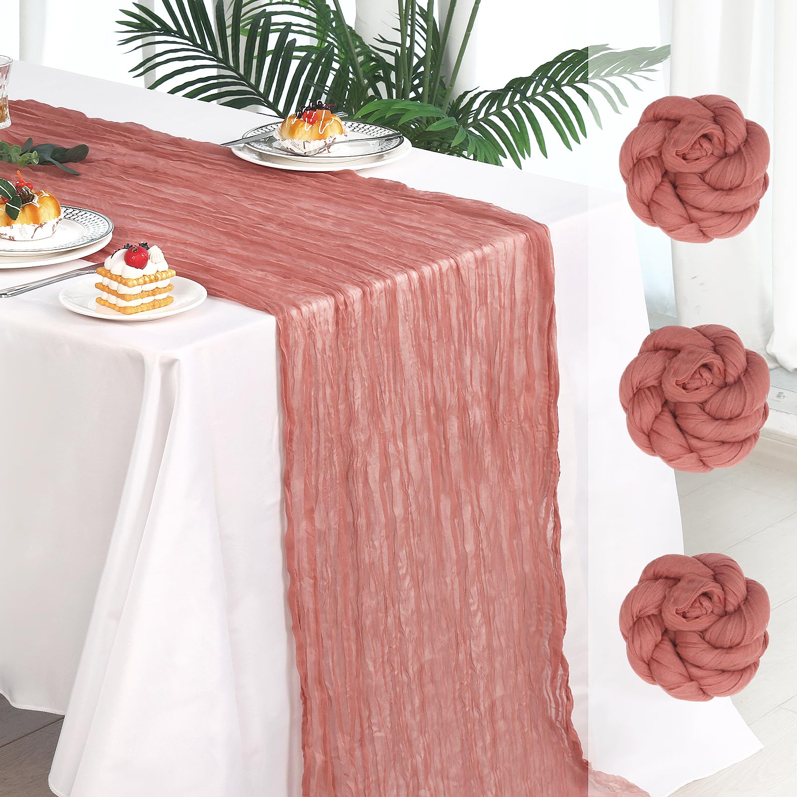 Photo 1 of Fixwal 3 Pack Dusty Pink Cheesecloth Table Runners, Pleated Boho Gauze Table Runner, Long Semi-Transparent Table Decorations for Parties, Showers, Birthdays and Weddings(35x120 Inch)