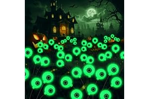 Kohlrabi Halloween Decorations Outdoor, 4 Pack 24 LED Solar Scary Eyeball Swaying Lights, Green Solar Firefly Lights Waterproof Outdoor Garden Light for Halloween Yard Garden Lawn Party Flower Bed