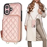 Bocasal Crossbody Wallet Case for iPhone 16, RFID Blocking PU Leather Zipper Handbag Purse Flip Cover, Kickstand Folio Case with Card Slots Holder Wrist Strap Lanyard 5G 6.1 Inch (Rose Gold)