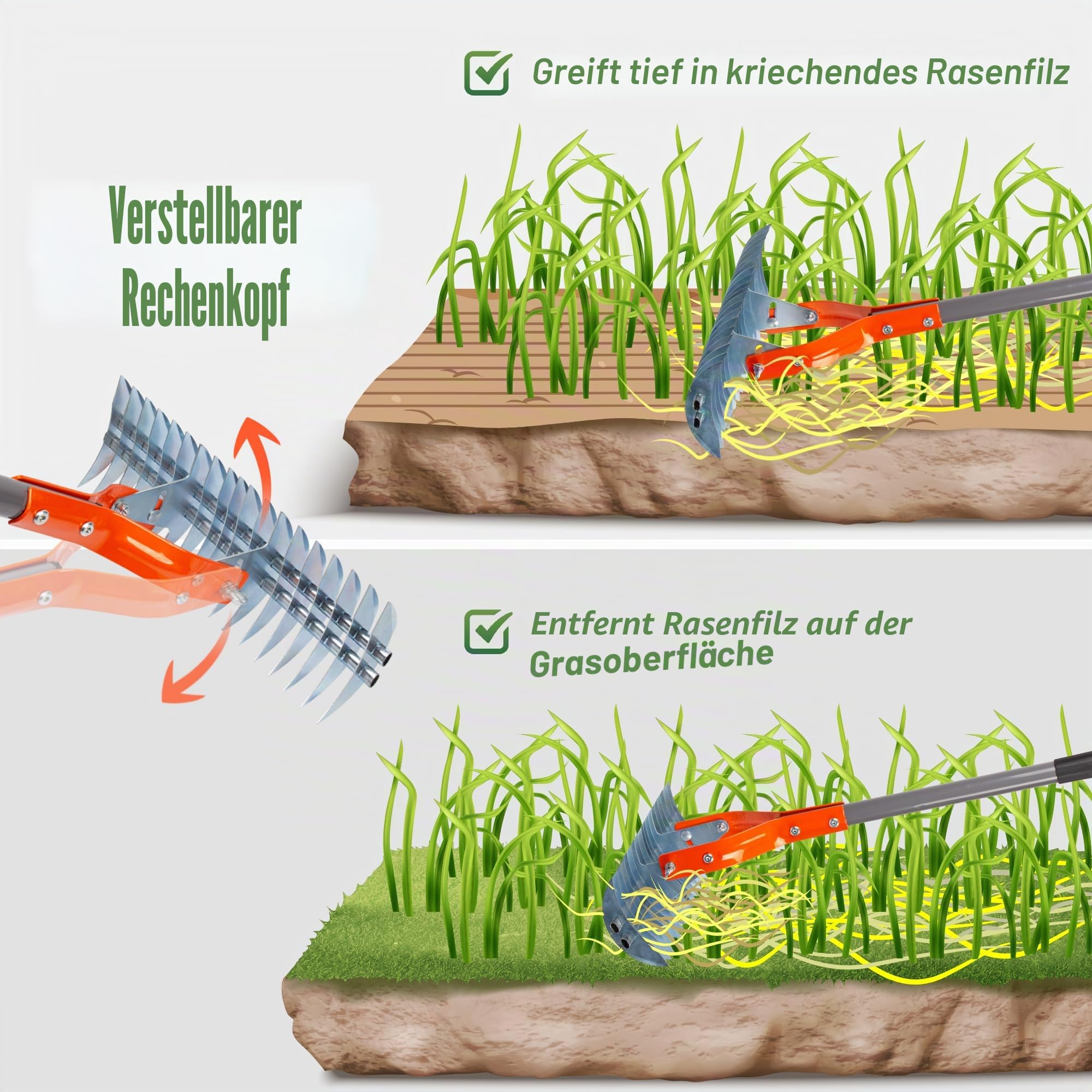 Walensee Vertikutierrechen mit Verstellbarem Stiel, Robuster Rasenrechen aus Stahl zum Entfernen von Moos, Filz, Unkraut & Trockengras, Gartenrechen für Rasenpflege & Lawn Care 5