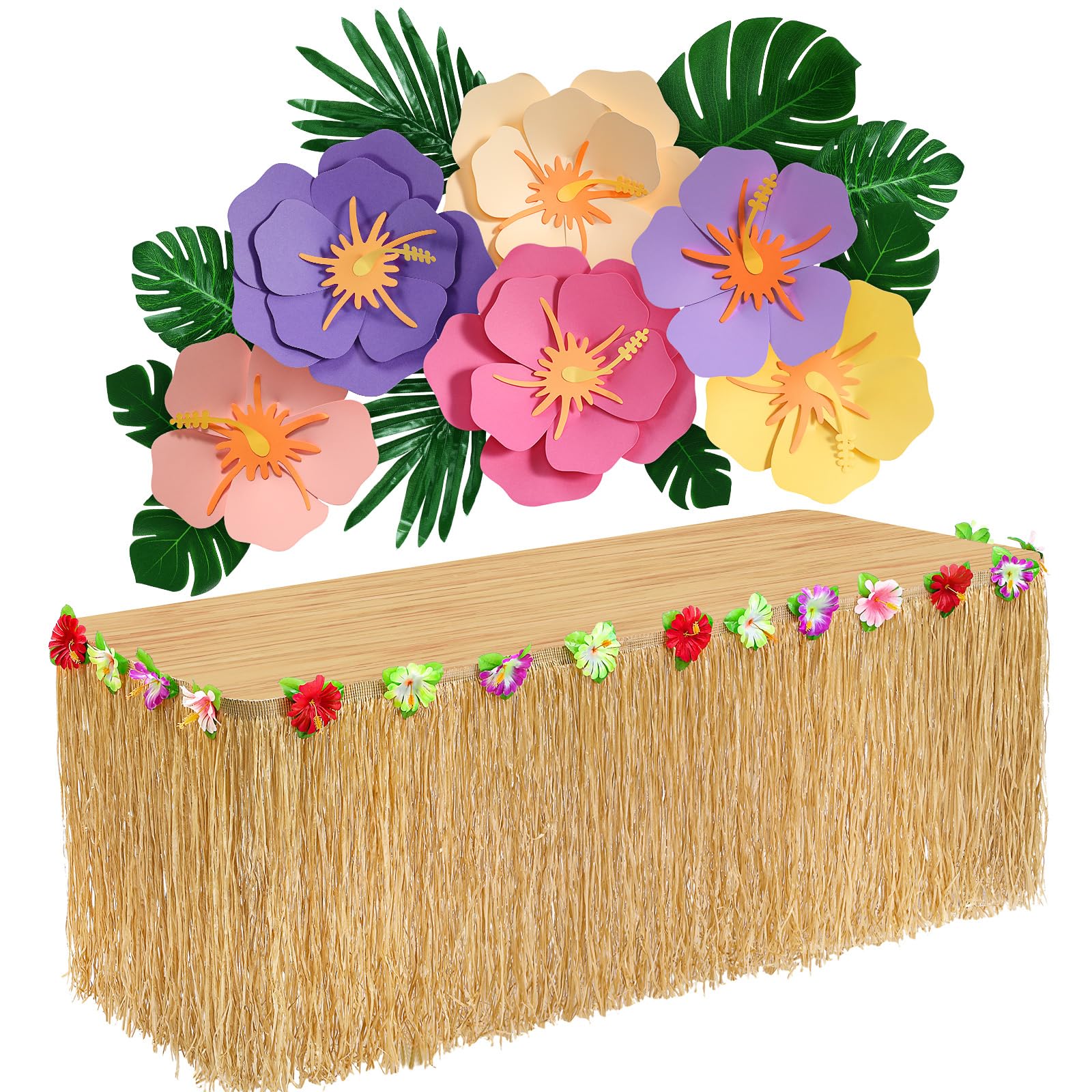 Photo 1 of Daifunli 41 Pcs Tropical Luau Party Decorations Set Include 9 ft Luau Grass Table Skirt Large Paper Hibiscus Flowers Green Palm Leaves for Hawaiian Beach Theme Party Favors