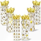 EQOREIIN 6 Pack Christmas Wine Bags, 14" x 4.7" x 3.95" Gold Foil Gift Bags for Wine Bottles with 12 Sheets Tissue Paper & 12 Hang Tags, Holiday Party Favor Packaging for Christmas, New Year, Thanksgiving