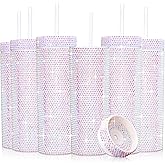 Mumufy 6 Pcs Bling Skinny Tumbler Bulk 16 oz Rhinestone Water Bottles Reusable Diamond Plastic Cups for Women Girl Birthday Graduation Teacher Appreciation Pride Party Gifts(White)