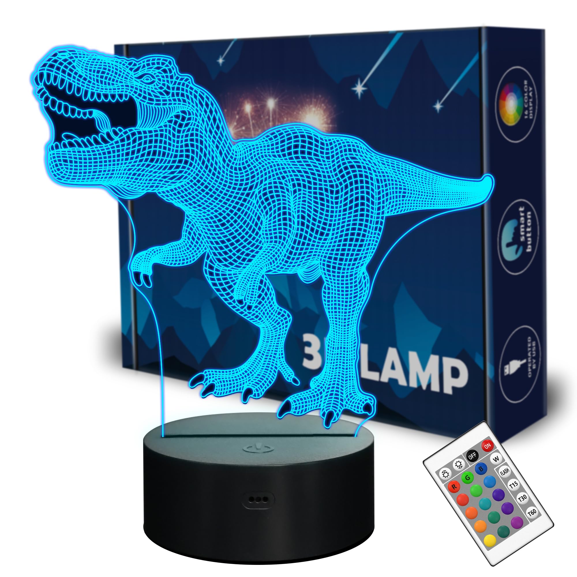Dinosaur Gifts, Night Light for Kids Dinosaur T-rex 3D Night Light Bedside Lamp with Remote Control 16 Color Changing Xmas Halloween Birthday Gift for Child Baby Boy …