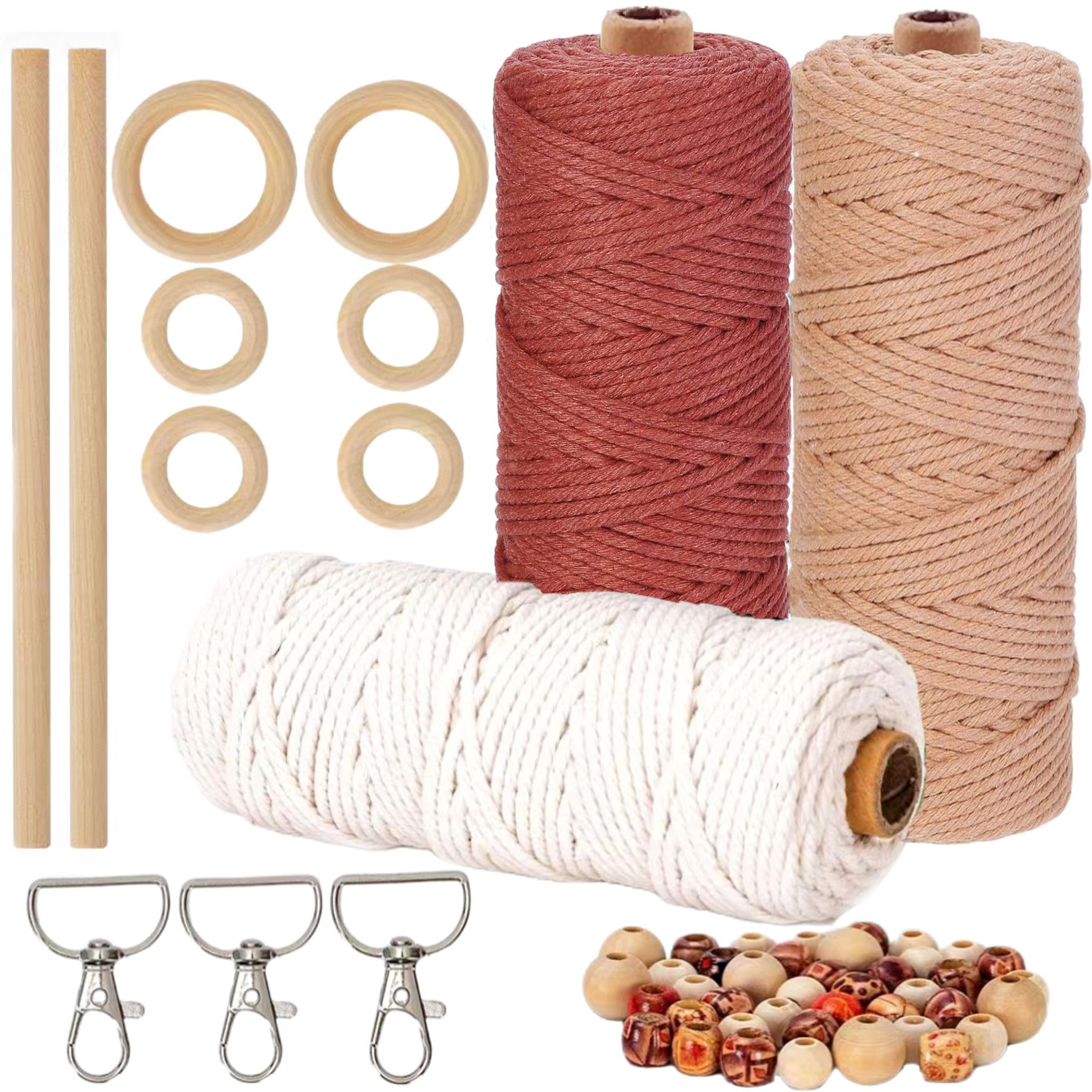 HanCheng Macrame Yarn Set, 60m, 3mm, 3 Colors (Beige, Bordeaux, Dusky Pink) With 40 Wooden Beads, 6 Rings, 2 Sticks, 3 Keyrings