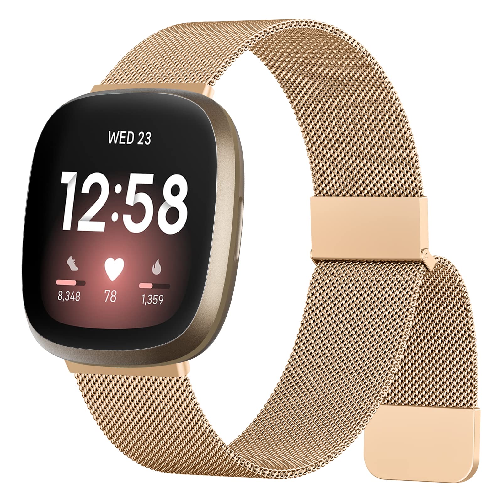 Amzpas Metal Strap Compatible With Fitbit Versa 3/4, Sense/Sense 2 - Stainless Steel Bracelet With Enhanced Magnet for Women (Rose Gold)
