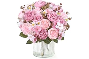 DEMIUKO 4PCS Peonies Artificial Flowers, Pink Fake Peonies Silk Flower Bouquets Faux Floral Arrangements Plastic Flowers for 