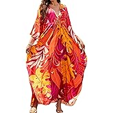 MAKABO Kaftan Dresses for Women, V Neck Moo Moos Colorful Print Cover Ups Caftan Beach Dresses for Swimwear