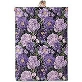 ICAAV Purple Floral Flannel Blanket 50x60in,Elegant Peony and Rose Pattern in Lavender and Plum Tones on Black,Soft Lightweight Throw for Women,Romantic Bedroom Sofa Decor Gifts Blankets