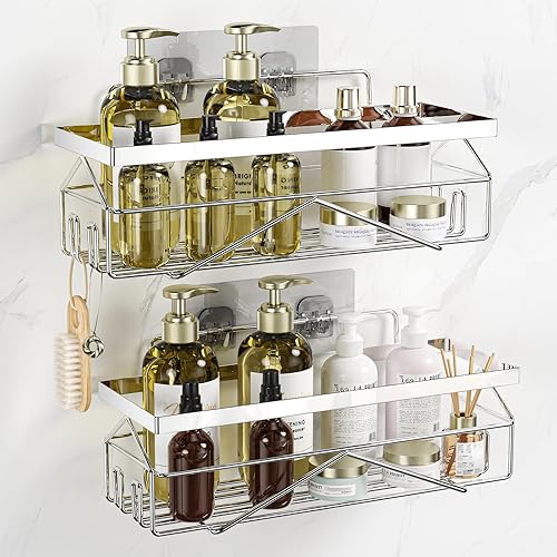 DEERPERCH HAVEN Shower Caddy Shelf with Adhesive, No-Drill Stainless Steel Bathroom Organizer, Rustproof Bath Storage Shelves for Inside Shower (Silver, 2PCS)