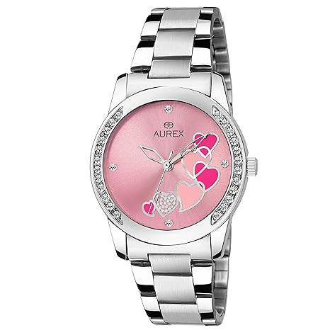 Aurex Analouge Pink Dial Watch Water Resistant Silver Color Strap Wrist Watch for Women/Ladies/Girls (AX-LR533-PKC)