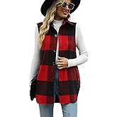 Tanming Women's Plaid Vest Brushed Flannel Sleeveless Shacket Shirt Jacket with Pockets