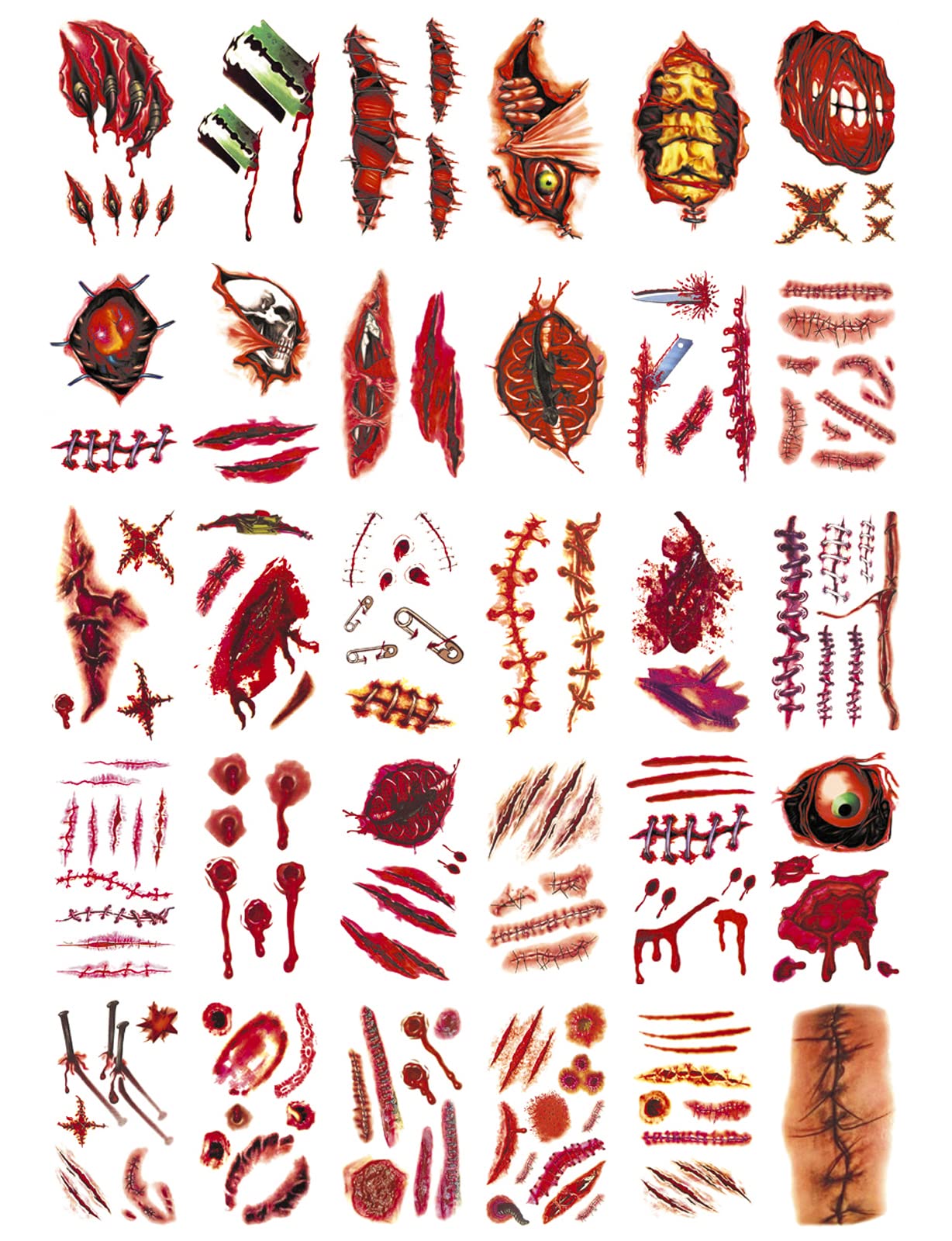 Nirbffo Halloween Temporary Tattoos Blade Eyeball Zombie Scars 3D Zombie Wounds Tattoos Bloody Costume Makeup Bleeding Fake Scar Wound Scab Stickers Tattoo for Halloween Cosplay Party 30 Sheets 10x6cm