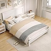 KOMFOTT Queen Size Wood Platform Bed Frame with Headboard, Wooden Mid Century Platform Bed with Slat Support &amp; Under Bed Storage, Mattress Foundation Bed Base, No Box Spring Needed, White