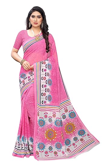 Women's Pink Color Chiffon Printed Saree With Blouse (SUKRIT PINK_Free Size)