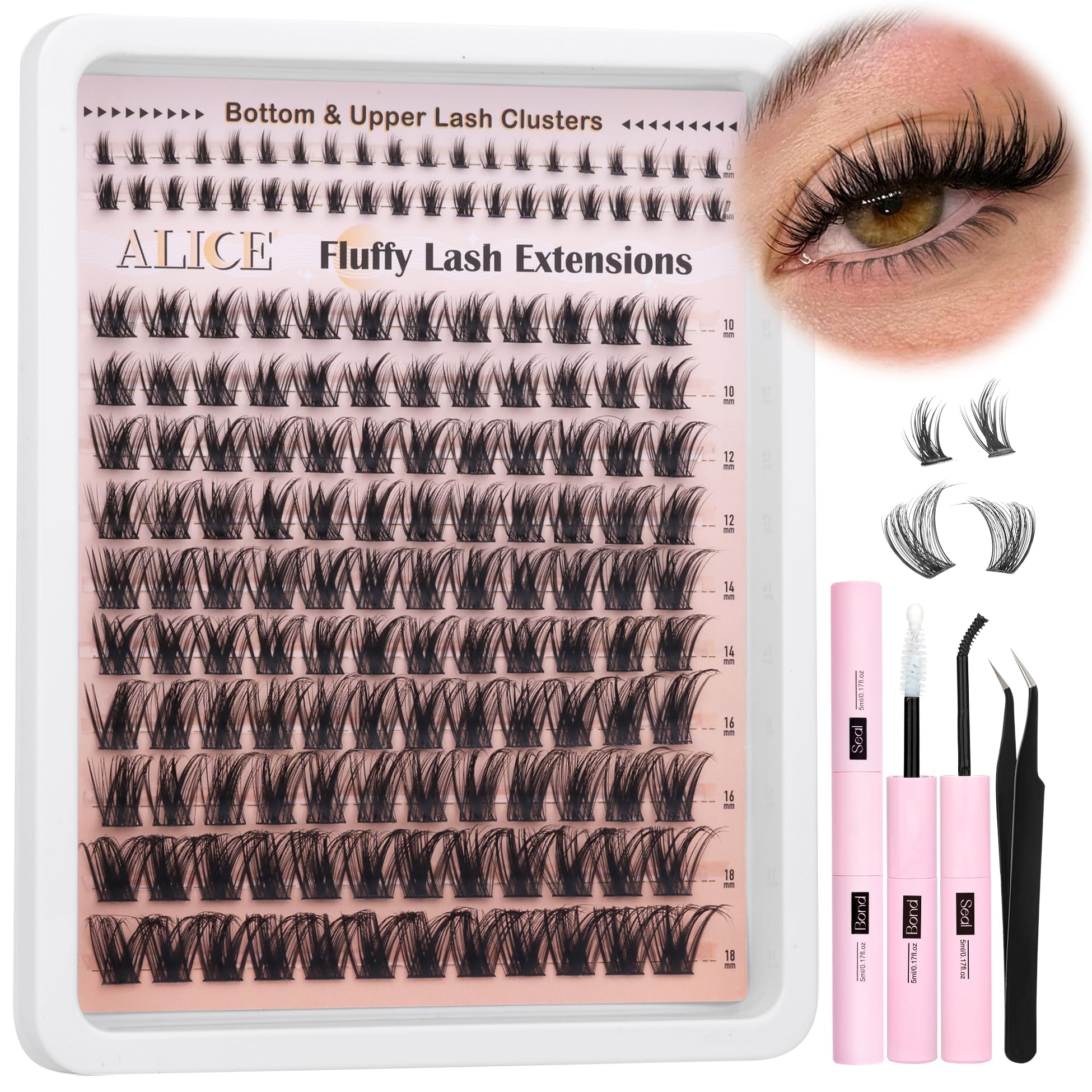 Photo 1 of ALICE Wispy Lash Clusters Kit Cluster Eyelash Extension Kit 6-18mm Volume Lash Extensions Kit CD-Curly Individual Lashes Kit with Bottom Lashes Bond and Seal DIY at Home