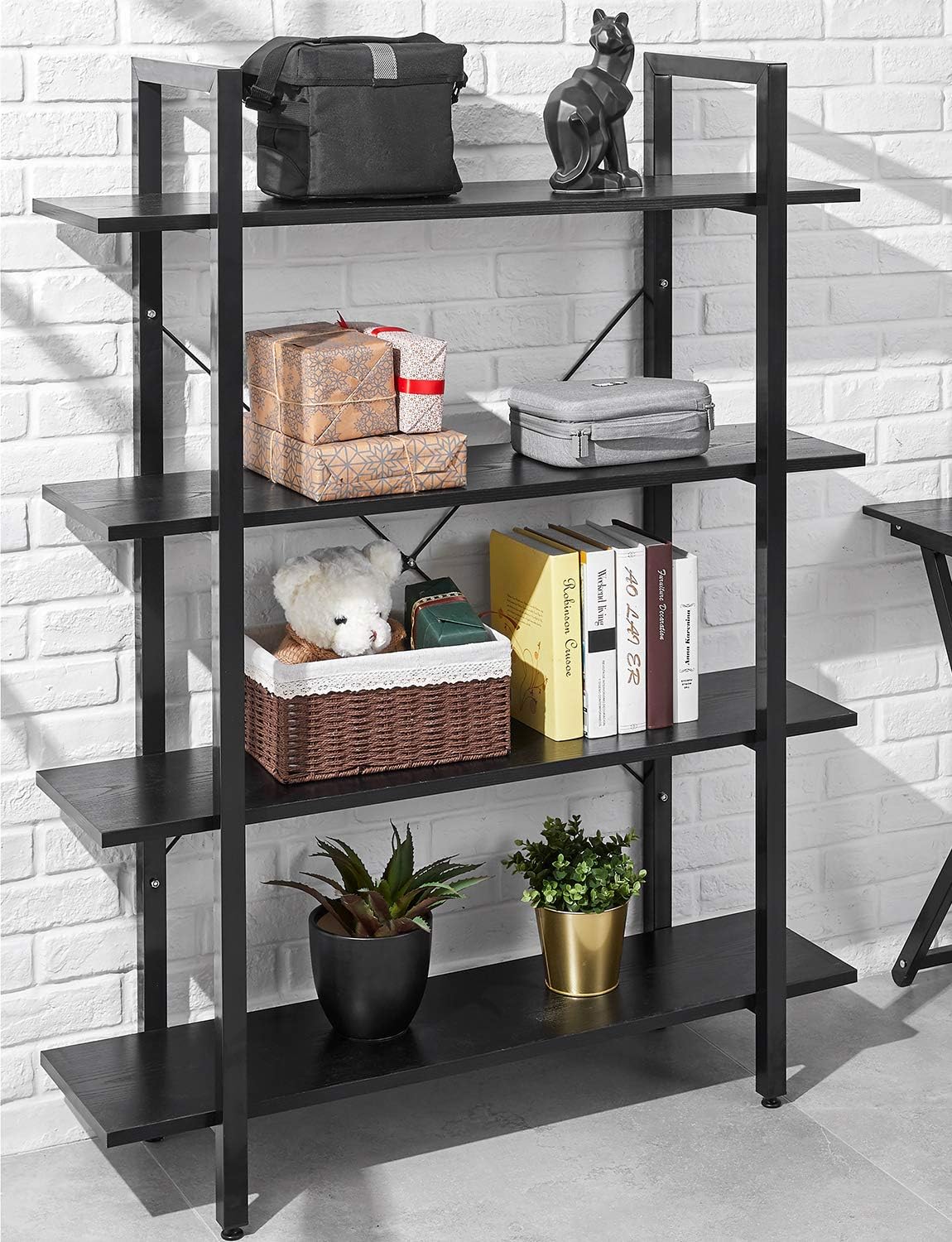 ORAF Bookshelf 4 Tier Industrial Style Bookcase, Solid 130lbs Load Capacity per Shelf Sturdy Bookshelves with Steel Frame, Wide Storage Organizer 41Wx12Dx55H inches Home Office Shelf, Black