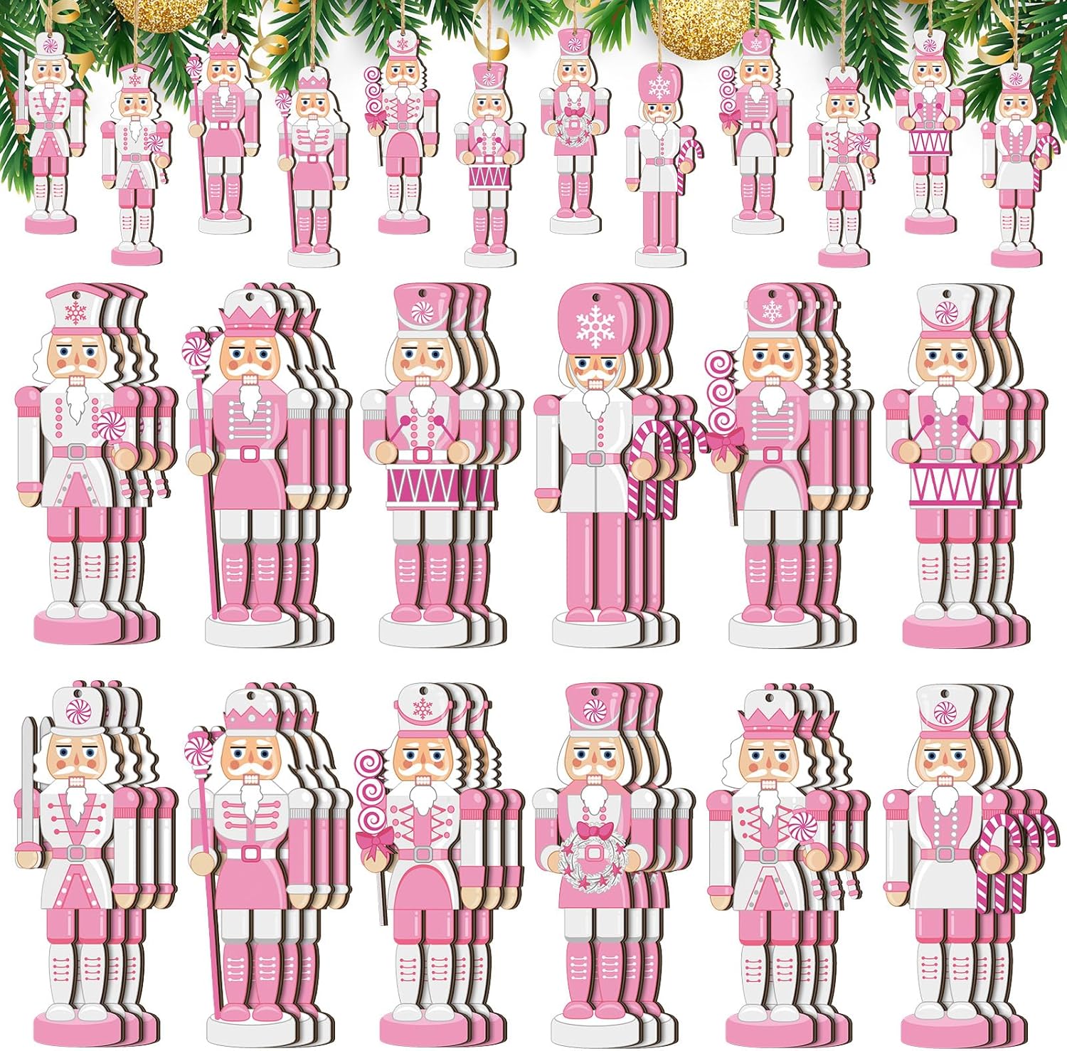 Nutcrackers - 36 Pcs Pink Christmas Nutcracker Ornaments Wood Hanging Nutcrackers Miniature Nutcracker Figures Traditional Holiday Nutcrackers Christmas Sweater Ornament for Xmas Decoration (Pink Nutcracker Style)