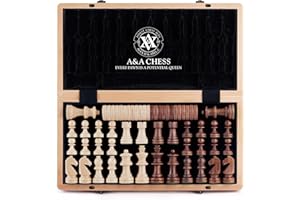 A&A 15 inch Wooden Folding Chess & Checkers Set w/ 3 inch King Height Staunton Chess Pieces / 2 Extra Queens / 2 in 1 Board Game