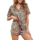 Ekouaer Womens Silk Satin Pajamas Set Short Sleeve Sleepwear Button Down Loungewear 2 Piece Pjs Shorts Set S-5X Plus Size