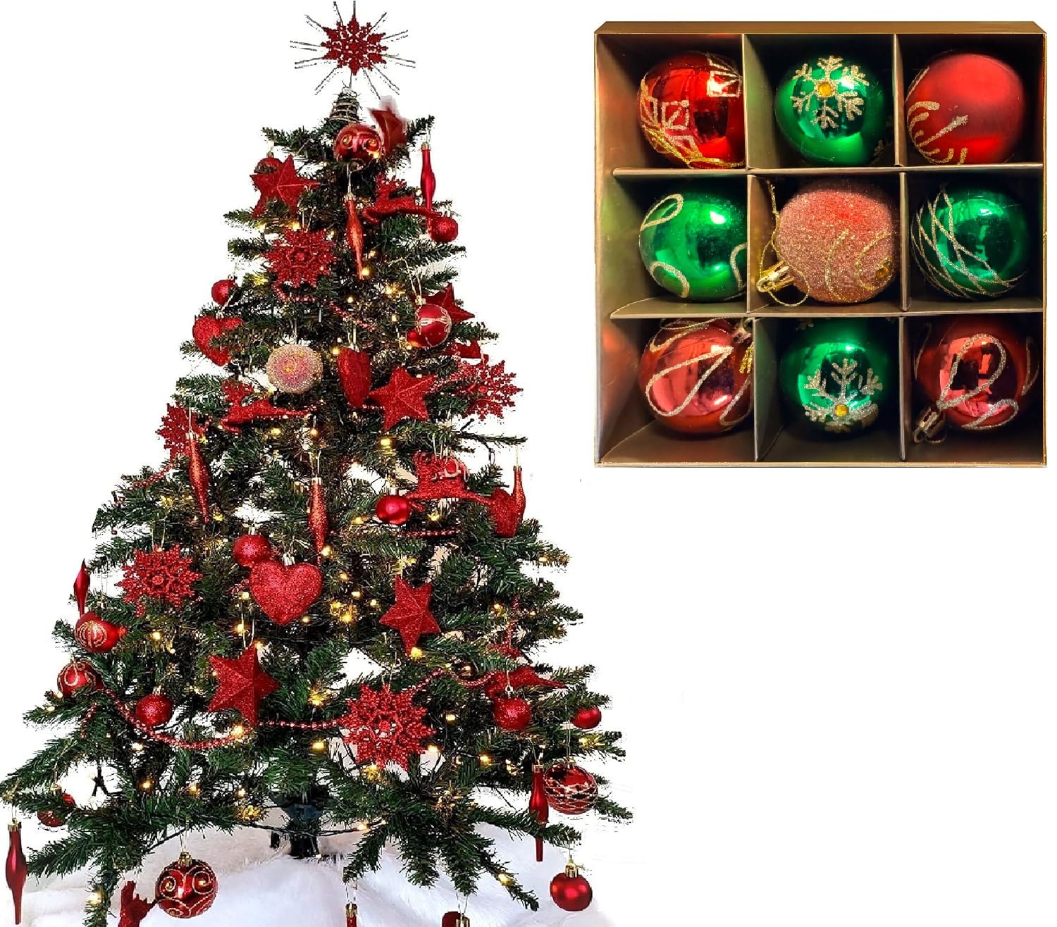 9pc Luxury Premium Baubles, Christmas Tree Bauble Decorations Matte, Glitter, shiny & Frosted (6cm) (Red & Green)