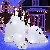 Juegoal Christmas 7.7(L) x 6 FT(H) Inflatables Lighted Polar Bear with Three Penguins, Blow Up White Bear Happy Fishing Penguin, Indoor Outdoor Xmas Winter Decor Lawn Yard Garden Decorations