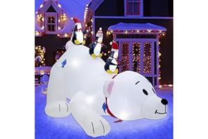 Juegoal Christmas 7.7(L) x 6 FT(H) Inflatables Lighted Polar Bear with Three Penguins, Blow Up White Bear Happy Fishing Penguin, Indoor Outdoor Xmas Winter Decor Lawn Yard Garden Decorations