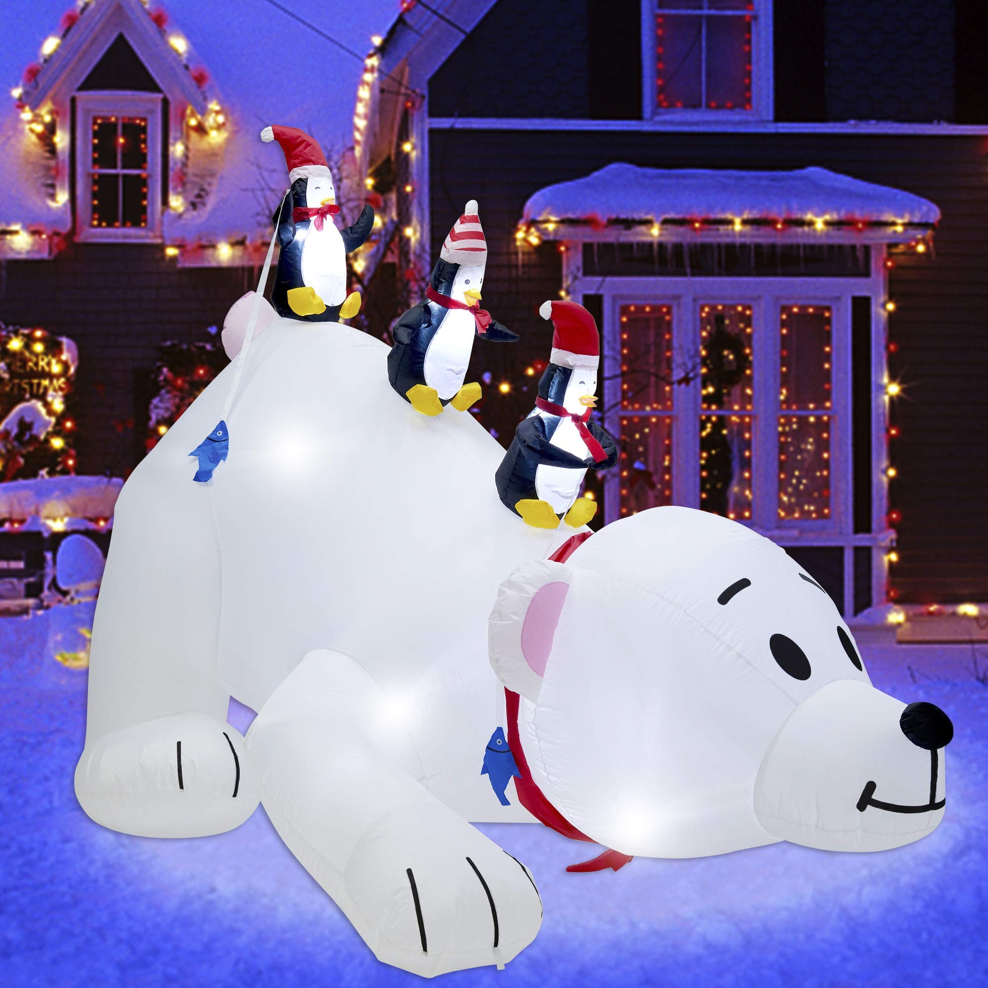 Photo 1 of Juegoal Christmas 7.7(L) x 6 FT(H) Inflatables Lighted Polar Bear with Three Penguins, Blow Up White Bear Happy Fishing Penguin, Indoor Outdoor Xmas Winter Decor Lawn Yard Garden Decorations